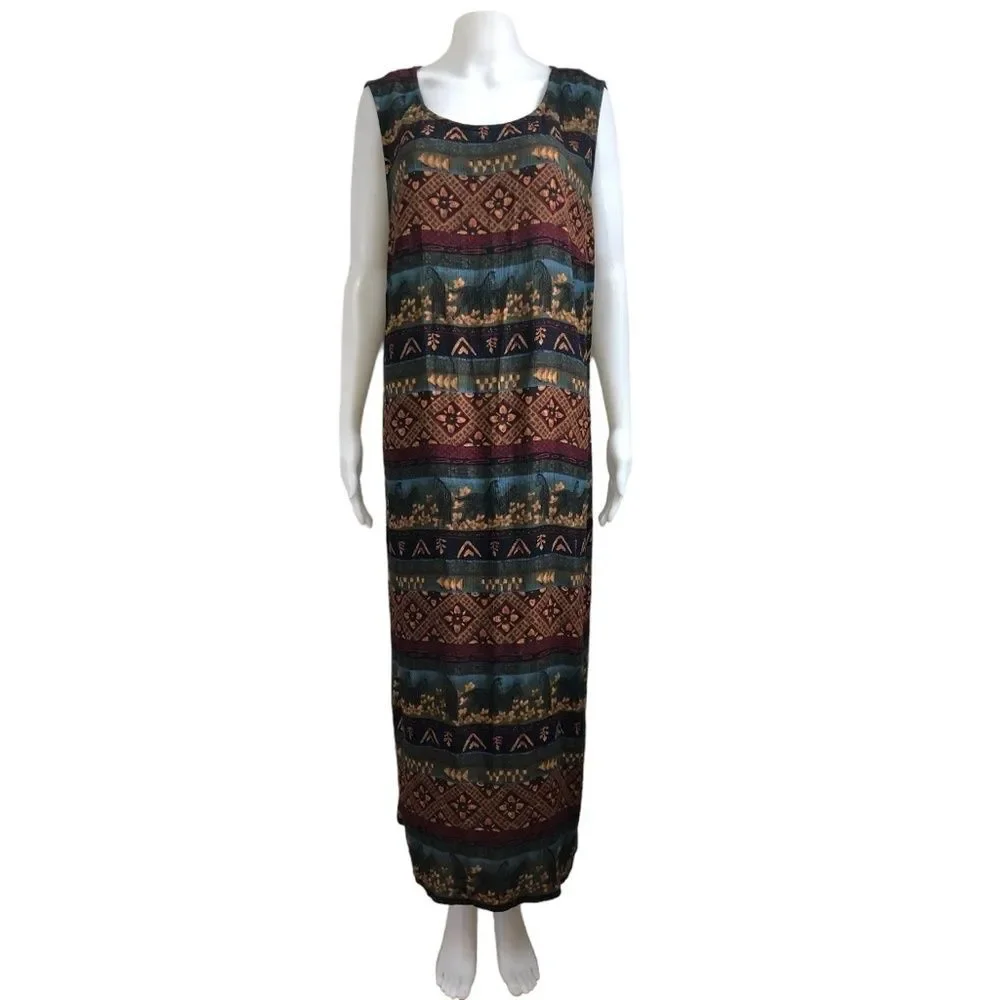 Vintage Size 12 Tribal Zebra Print Maxi Dress 90s Rayon Sleeveless